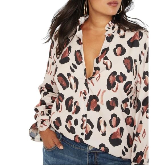Eloquii Leopard Printed Button Down Shirt with Ruffle Neck - Picture 1 of 6